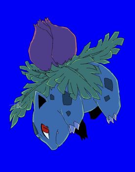 Rule 34 | blue background, claws, flower, from side, gen 1 pokemon, highres, ivysaur, leaf, looking back, nintendo, no humans, pink flower, pokemon, pokemon (creature), pokemon focus, red eyes, sideways glance, simple background, slit pupils, urushi (urushix 7)