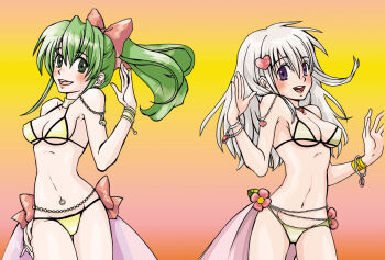 2000s_(style) 2girls bangle bikini blush bow bracelet breasts cleavage commentary_request cowboy_shot dancer dancer_(ragnarok_online) flower gradient_background green_eyes green_hair hair_bow hair_ornament heart heart_hair_ornament high_ponytail jewelry john_(strike-shank) looking_at_viewer medium_breasts multiple_girls navel navel_piercing open_mouth piercing pink_background pink_bow pink_flower ponytail purple_eyes ragnarok_online smile swimsuit white_hair yellow_background yellow_bikini