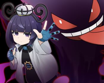 Rule 34 | 1girl, black dress, black hair, blue gloves, blunt bangs, bob cut, closed mouth, coat, commentary request, dress, gen 1 pokemon, gengar, gloves, gradient hair, gwynn (pokemon), hat, highres, long sleeves, looking at viewer, mega stone, multicolored hair, nintendo, open clothes, open coat, open mouth, partially fingerless gloves, pokemon, pokemon legends: z-a, pucipumpkin, purple eyes, purple hair, red eyes, short hair, smile, tongue, upper body, white coat
