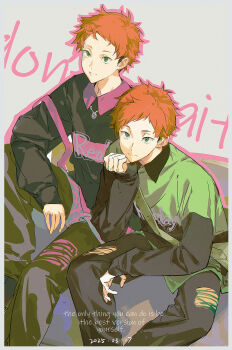 2boys black_pants collared_shirt green_eyes grey_background hair_ornament head_rest highres long_sleeves looking_at_viewer male_focus multiple_boys orange_hair pants shirt short_hair siblings simple_background sitting sleeves_past_wrists smile torn_clothes torn_pants xiaojiaju