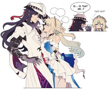 Rule 34 | 1boy, 1girl, absurdres, ashveil (honkai: star rail), black hair, blank speech bubble, blonde hair, bow, bracelet, chibi, chibi inset, coattails, commentary, cutoffs, detached collar, detached sleeves, doll joints, dress, english commentary, english text, fedora, fins, gradient background, gradient hair, hand on headwear, hand on own chin, hat, head fins, headpiece, highres, honkai: star rail, honkai (series), humanoid robot, jacket, jewelry, joints, layered dress, long hair, looking at another, multicolored hair, netoii, pearl (honkai: star rail), prosthesis, prosthetic arm, robot, speech bubble, sweatdrop, tailcoat, talking