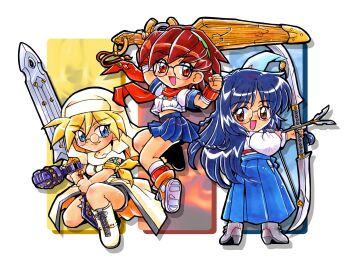 Rule 34 | 3girls, absurdres, anklet, arashiyama sara, arm up, arrow (projectile), bandaged arm, bandages, bandana, bandana around arm, black shorts, blonde hair, blue bow, blue eyes, blue hair, blue hakama, blue skirt, boots, bow, bow (weapon), bracelet, braid, brown eyes, chibi, chibi only, closed mouth, coat, commentary, drawing bow, g-on riders, glasses, greatsword, green hairband, hair bow, hairband, hakama, hakama pants, hand up, high heel boots, high heels, highres, holding, holding bow (weapon), holding sword, holding weapon, hoshikawa yayoi, japanese clothes, jewelry, jumping, kimono, kokomahi, kurama yuki, long hair, looking at viewer, midriff, mini eyewear, multiple girls, nun, on one knee, open mouth, orange shoes, pants, pleated skirt, red eyes, red hair, red scarf, round eyewear, scarf, school uniform, serafuku, shoes, short hair, shorts, skirt, smile, socks, standing, sword, veil, weapon, white boots, white kimono, white socks, wooden floor, yellow bandana, yellow boots, yellow coat, yellow veil