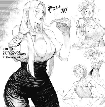 Rule 34 | 1girl, apron, artist name, breasts, cooking, deontayart, food, highres, holding, holding food, holding pizza, huge breasts, large breasts, long hair, mature female, monochrome, naruto (series), pizza, pizza slice, signature, solo, tsunade (naruto), twitter username