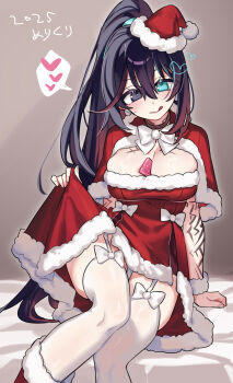 1girl :q arm_tattoo black_choker black_eyes black_hair boots bow bowtie capelet choker closed_mouth commentary_request condom_between_breasts dress fur-trimmed_capelet fur_trim genderswap genderswap_(mtf) hat heterochromia high_ponytail highres hong_lu_(project_moon) limbus_company long_hair ponytail project_moon red_boots red_capelet red_dress santa_costume santa_dress santa_hat shiki_(shikki46) smile solo tattoo thighhighs tingtang_gang_(identity)_(project_moon) tongue tongue_out very_long_hair white_bow white_bowtie white_thighhighs