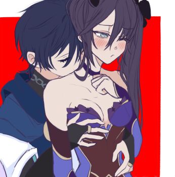 1boy 1girl arm_at_side bare_shoulders behind_another black_bodysuit black_bridal_gauntlets black_choker black_hair blue_cape blue_eyes blue_sleeves bodystocking bodysuit border breast_suppress breasts bridal_gauntlets cape choker cleavage closed_eyes closed_mouth collarbone couple detached_sleeves eyelashes genshin_impact gold_ring gold_trim grabbing_another&#039;s_breast groping hair_between_eyes half-closed_eyes hand_on_another&#039;s_waist hand_on_own_chest hand_up hetero highres kissing_back leotard long_hair looking_to_the_side medium_breasts middle_ring mona_(genshin_impact) oathoe3000 one_eye_closed open_hands parted_bangs purple_hair purple_leotard purple_sleeves red_background scaramouche_(genshin_impact) short_sleeves side_ponytail sidelocks two-sided_sleeves wanderer_(genshin_impact) white_border white_sleeves