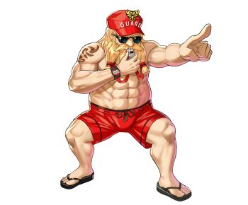 1boy abs artist_request beard black_sandals blonde_hair blowing commentary commentary_request dwarf english_commentary english_text facial_hair full_body hat highres king's_raid korean_commentary lifeguard male_focus male_swimwear mixed-language_commentary muscular muscular_male mustache official_alternate_costume official_art phillop_(king's_raid) pointing red_hat red_male_swimwear sandals second-party_source shoulder_tattoo solo sunglasses tattoo tied_beard watch wristwatch