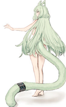 1girl animal_ear_fluff animal_ears arknights backboob blush breasts cat_ears cat_girl cat_tail commentary_request completely_nude from_behind full_body green_eyes green_hair harmonie_(arknights) highres infection_monitor_(arknights) large_breasts long_hair long_tail looking_at_viewer looking_back nude poco_(backboa) solo standing tail tail_ornament tail_ring very_long_hair