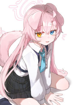 1girl absurdres ahoge animal_ears auuufox black_skirt blue_archive blue_eyes blue_necktie blush chest_harness collared_shirt commentary crossed_bangs dog_ears dog_tail fang hair_between_eyes halo harness heterochromia highres hoshino_(blue_archive) long_hair long_sleeves looking_at_viewer necktie open_mouth pink_hair pink_halo plaid_clothes plaid_skirt pleated_skirt shirt simple_background sitting skin_fang skirt smile solo symbol-only_commentary tail tail_wagging wariza white_background white_shirt yellow_eyes