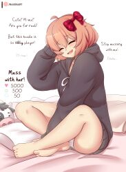 Rule 34 | 1girl, absurdres, barefoot, blush, bow, closed eyes, commentary, doki doki literature club, english commentary, english text, hair bow, highres, hood, hoodie, indian style, long sleeves, open mouth, panties, pantyshot, pink hair, raion (raionart), sayori (doki doki literature club), short hair, sitting, smile, solo, stuffed cow, stuffed toy, underwear