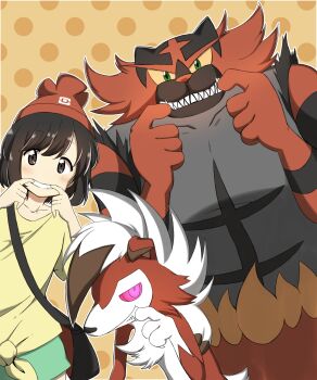1girl absurdres beret blue_skirt brown_eyes brown_hair gen_7_pokemon green_eyes hat highres incineroar looking_at_viewer lycanroc lycanroc_(midnight) nintendo pink_eyes pokemon pokemon_(creature) pokemon_sm red_hat selene_(pokemon) shigure_(sigre) shirt short_hair skirt smile yellow_shirt