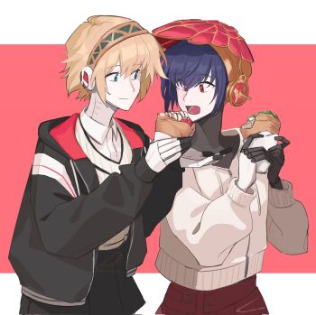 2girls aigis_(persona) android black_jacket black_skirt blonde_hair blue_eyes blue_hair border closed_mouth collared_shirt commentary_request feeding food hair_between_eyes hairband highres holding holding_food hood hood_down hooded_jacket hoodie jacket korean_commentary mechanical_ears mechanical_hands metis_(persona) multiple_girls open_mouth persona persona_3 persona_3_the_answer pink_background print_hairband red_eyes red_skirt seneu107 shirt short_hair skirt triangle_print upper_body white_border white_hoodie white_shirt