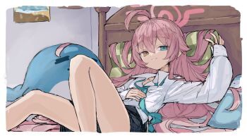 1girl ahoge bed black_skirt blue_archive blue_eyes blue_necktie border collared_shirt hair_flowing_over halo hand_on_own_stomach heterochromia highres hoshino_(blue_archive) indoors knee_up long_hair long_sleeves looking_at_viewer loose_necktie lying necktie on_back on_bed open_collar orange_eyes pillow pink_hair pink_halo scarlet23i0 shirt sketch skirt sleeves_past_wrists solo stuffed_animal stuffed_toy stuffed_whale white_border white_shirt