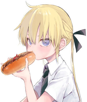 1girl black_necktie blonde_hair blue_eyes collared_shirt eating hanabi_(yuruneko0624) highres kill_me_baby long_hair looking_at_viewer necktie shirt simple_background solo sonya_(kill_me_baby) twintails upper_body white_background white_shirt yakisobapan
