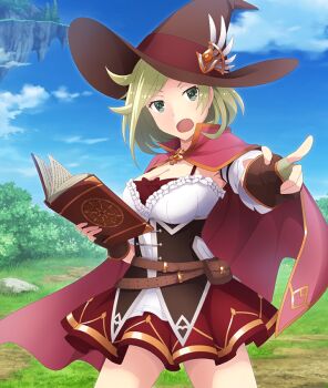 Rule 34 | 1girl, :o, belt, blonde hair, blue sky, book, breasts, brown belt, brown corset, brown gloves, brown hat, bush, cape, cleavage, cloud, corset, cowboy shot, day, fantasy, fingerless gloves, floating island, game cg, gloves, grass, green eyes, hat, holding, holding book, large breasts, legs apart, mole, mole under mouth, official art, open mouth, pink cape, pointing, red skirt, rock, shirt, short hair, skirt, sky, solo, tanaka taeko, third-party source, toji no miko, toji no miko: kizamishi issen no tomoshibi, tree, white shirt, wing hat ornament, wizard, wizard hat