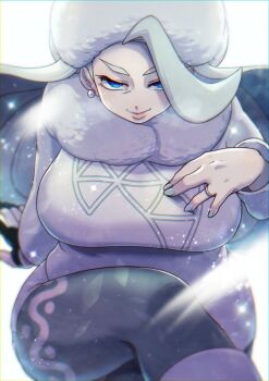 1girl alternate_breast_size_(larger) arm_support blue_eyes breasts commentary_request crossed_legs earrings fur_collar fur_hat gloves half-closed_eyes hat jewelry large_breasts long_hair long_sleeves mature_female melony_(pokemon) nintendo pantyhose pantyhose_under_shorts pearl_earrings plump pokemon pokemon_swsh ring shorts side_slit side_slit_shorts single_glove smile solo sumishiba_(pixiv) sweater ushanka wedding_ring white_hat white_sweater