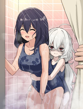 1other 2girls ahoge bathroom between_legs black_hair blue_one-piece_swimsuit blush breasts closed_eyes covering_crotch covering_privates curtain_grab curtains eha7y hand_between_legs highres hug hug_from_behind long_hair looking_at_viewer multiple_girls naughty_face one-piece_swimsuit one_eye_closed open_mouth original ponytail pov protected_link red_eyes school_swimsuit shaded_face shower_curtain showering smile swimsuit tile_wall tiles trembling wasabi-chan_(eha7y) wet wet_clothes wet_swimsuit white_hair
