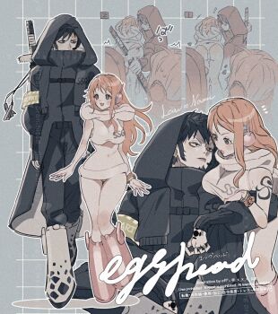 1boy 1girl alternate_costume ass bangle bare_shoulders black_coat black_hair black_pants blush boots bracelet breast_rest breasts brown_eyes character_name coat commentary_request hand_tattoo headphones heart height_difference holding holding_sword holding_weapon hood hood_down hooded_coat hooded_leotard jewelry large_breasts leaning_forward leaning_on_person leotard log_pose long_hair looking_at_another multiple_views nami_(one_piece) notice_lines official_alternate_costume one_piece orange_hair pants pink_boots science_fiction short_hair shoulder_tattoo single_sidelock sleeveless sword tattoo thighs trafalgar_law twitter_username walking weapon white_boots white_leotard yum_xoxo_yum