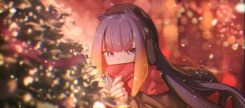 1girl absurdres black_hat blue_eyes blunt_bangs blurry blurry_background brown_jacket christmas christmas_tree commentary earmuffs english_commentary floomf gradient_hair hat highres holding hololive hololive_english jacket long_hair looking_at_viewer mole mole_under_eye multicolored_hair ninomae_ina'nis orange_hair purple_hair red_scarf scarf sidelocks solo straight_hair tentacle_hair virtual_youtuber