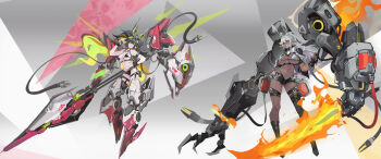 2girls ahoge animal_ears asymmetrical_footwear bikini black_bikini black_boots black_gloves black_hair black_shorts boots breasts dark-skinned_female dark_elf dark_skin elf extra_arms fake_animal_ears fingerless_gloves fire flaming_sword flaming_weapon full_body gloves grey_hair headgear highres holding holding_polearm holding_weapon large_breasts mechanical_arms mechanical_legs medium_breasts mismatched_footwear multicolored_hair multiple_girls original pointy_ears polearm shorts single_thigh_boot smjim1986 swimsuit sword thigh_boots twintails two-tone_hair weapon white_hair