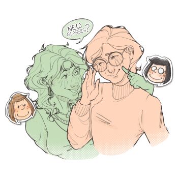 Rule 34 | 2girls, absurdres, aged up, black hair, blush, brown hair, charles schulz (style), eye contact, freckles, glasses, hashtag-only commentary, highres, looking at another, marcie (peanuts), multiple girls, peanuts (comic), peppermint patty, short hair, smile, toffi