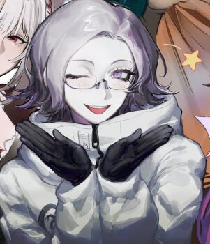 1boy 1girl aotsuki_eito black_gloves character_request commentary copyright_request english_commentary eyelashes glasses gloves grey_hair grin hands_up highres jacket looking_at_viewer magma_(medium) male_focus one_eye_closed open_mouth purple_eyes r314dor red_eyes semi-rimless_eyewear short_hair smile solo_focus teeth the_hundred_line_-last_defense_academy- upper_body upper_teeth_only white_jacket wink_star zipper_pull_tab