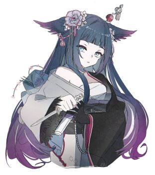 1girl arknights bare_shoulders beads black_hair black_sash blue_eyes blunt_bangs chest_sarashi commentary cropped_torso dagger flower gradient_hair grey_flower hair_flower hair_ornament highres holding holding_dagger holding_knife holding_weapon knife long_hair long_sleeves looking_at_viewer mio_(arknights) multicolored_hair off_shoulder parted_lips pink_flower purple_hair sarashi sash seri_(vyrlw) simple_background solo symbol-only_commentary tassel tassel_hair_ornament weapon white_background wide_sleeves