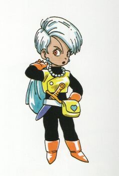 Rule 34 | 1girl, aqua bag, black bodysuit, black lips, bodysuit, boots, chibi, dagger, dark-skinned female, dark skin, dragon quest, dragon quest iii, earrings, gloves, hand on own hip, heart, highres, holding, jewelry, knife, looking to the side, necklace, official art, orange boots, orange gloves, pearl necklace, red eyes, scan, short hair, side part, solo, stud earrings, thief (dq3), third-party source, toriyama akira, vest, weapon, white background, white hair, yellow bag, yellow vest