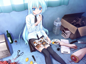 1girl against_wall alcohol blood blue_eyes blue_hair bone bottle cannibalism cleaver cup cutting_board drinking_glass eating female_focus food fruit guro lemon light_blue_hair long_hair magazine_(object) matching_hair/eyes original scissors sitting skirt solo soy_sauce thighhighs water_bottle wine wine_glass yuku_(kiollion) yuuki_yuuna_wa_yuusha_de_aru yuusha_de_aru