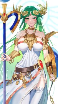 1girl arm_shield armlet belt breasts brown_belt circlet cleavage closed_mouth cowboy_shot dress gold gold_armlet green_eyes green_hair halo highres holding holding_staff jewelry kid_icarus large_breasts long_hair looking_at_viewer nintendo palutena simple_background solo staff thighhighs very_long_hair white_background white_dress white_thighhighs yasaikakiage