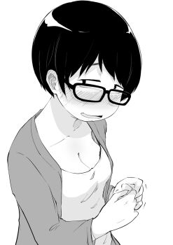 Rule 34 | 1girl, blush, breasts, fidgeting, glasses, greyscale, jimiko, kirinama01, looking at viewer, monochrome, original, own hands together, short hair, small breasts, solo, upper body