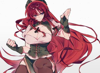 1girl absurdres bainian_haohe_(1565294040) black_ribbon blue_eyes braid braided_sidelock breast_cutout breasts brown_thighhighs chinese_commentary cleavage collarbone commentary feet_out_of_frame fighting_stance fingerless_gloves fingernails floating_hair framed_breasts gloves green_gloves green_skirt green_vest hair_ribbon highres hong_meiling large_breasts long_hair puffy_short_sleeves puffy_sleeves red_hair ribbon shirt short_sleeves simple_background skirt smile solo straight_hair thighhighs touhou twin_braids very_long_hair vest white_background white_shirt