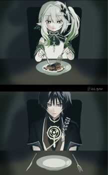 1boy 1girl armlet arms_at_sides asymmetrical_sidelocks black_bodysuit black_hair black_kimono black_sleeves blunt_ends bodysuit chair choppy_bangs closed_mouth colored_tips cross-shaped_pupils detached_sleeves dress elbow_rest expressionless eyelashes fingernails food fork genshin_impact gold green_eyes green_hair green_pupils green_sleeves hair_between_eyes hair_ornament heart heart_hair_ornament highres holding holding_fork holding_knife japanese_clothes jewelry juban kimono knife layered_sleeves leaf leaf_hair_ornament light_smile long_hair looking_down mandarin_collar meat mitsudomoe_(shape) multicolored_hair nahida_(genshin_impact) neck_ring no6_gnsn plate pointy_ears purple_eyes purple_rope purple_sleeves red_kimono rope scaramouche_(genshin_impact) shimenawa short_sleeves side_ponytail sidelocks sitting split_screen symbol-shaped_pupils table table_knife tomoe_(symbol) tsurime twitter_username white_dress white_hair white_kimono white_rope white_trim