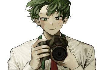 Rule 34 | 1boy, bn 56s, boku no hero academia, camera, closed mouth, dress shirt, freckles, green eyes, green hair, highres, holding, holding camera, looking at object, male focus, midoriya izuku, necktie, red necktie, scar, scar on face, shirt, short hair, simple background, solo, white background, white shirt