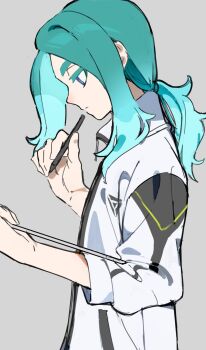 1boy green_hair grey_background inazuma_eleven_(series) inazuma_eleven_victory_road jacket koumi_me1 pen ponytail sasanami_unmei simple_background solo twitter upper_body white_jacket