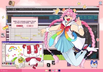 Rule 34 | 1girl, ;d, ^^^, adobe premiere, blue dress, blue pantyhose, blush, braid, clip studio paint, clover, commentary, cursor, dress, english commentary, english text, facial mark, fang, flower, full body, galaxyroyaltea, hair between eyes, heart, highres, jasmine kenkyuuin, jumping, microsoft paint (software), morio shishou, one eye closed, open mouth, pantyhose, pink hair, rainbow, rana (vocaloid), ranagain, recycle bin, ribbon, sakiko (vocaloid), search bar, shamrock, shoes, shooting star, smile, star (symbol), tongue, twin braids, vocaloid, vocaloid editor, white footwear, window (computing)