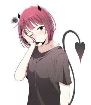 1girl alternate_eye_color arima_kana black_eyes black_shirt demon_horns demon_tail hand_on_own_face head_tilt highres horns looking_at_viewer one_eye_closed oshi_no_ko red_hair risdelusions shirt short_hair short_sleeves simple_background solo t-shirt tail white_background
