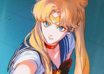 1girl bare_shoulders bishoujo_senshi_sailor_moon blue_eyes bow bowtie chinese_commentary choker circlet collarbone commentary_request crescent crescent_earrings double_bun earrings floor from_side hair_bun heart heart_choker jewelry long_hair looking_to_the_side meme parted_bangs quxiaochong red_bow red_bowtie red_choker sailor_collar sailor_moon sailor_moon_redraw_challenge_(meme) shirt sleeveless sleeveless_shirt solo sweater teeth tsukino_usagi twintails upper_body white_shirt