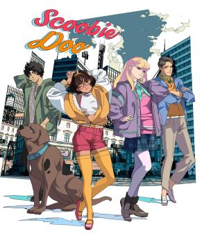 2boys 2girls animal_collar animification arms_behind_head ascot belt blonde_hair blue_eyes blue_jacket blue_nails brown_footwear brown_hair buttons checkered_clothes checkered_skirt city cityscape collar colored_shadow commentary copyright_name crossed_arms daphne_blake dog ear_piercing edoya_inuhachi english_commentary facial_hair fashion fred_jones fringe_trim glasses green_ascot green_jacket highres jacket leggings long_hair looking_at_viewer loose_clothes messy_hair multiple_boys multiple_girls nail_polish one_eye_closed open_clothes open_jacket orange_jacket orange_shirt orange_thighhighs pants piercing pink_shirt purple_eyes purple_jacket red-framed_eyewear red_footwear red_shorts redesign scooby-doo scooby-doo_(character) shadow shaggy_rogers shirt short_hair short_shorts shorts skirt thighhighs velma_dinkley white_belt white_footwear white_leggings white_shirt