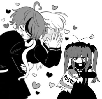 1boy 2girls amemiya_darumi armband belt blush closed_eyes eating gakuran greyscale heart hug hug_from_behind kawana_tsubasa kndp087 long_hair looking_at_another makeup monochrome multicolored_hair multiple_girls open_mouth ponytail school_uniform smile streaked_hair sumino_takumi the_hundred_line_-last_defense_academy- twintails