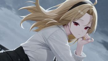 1girl absurdres ahoge black_hairband black_skirt blonde_hair closed_mouth cloud cloudy_sky dutch_angle floating_hair forehead hairband hand_up highres jingburger korean_commentary long_hair long_sleeves looking_at_viewer nail_polish outdoors parted_bangs red_eyes sei_(0724sei6) shirt shirt_tucked_in skirt sky solo upper_body waktaverse white_shirt yellow_nails