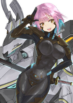 1girl :d black_bodysuit black_gloves blue_hair bodysuit breasts cheek_covers colored_inner_hair commentary_request dot_nose fortified_suit gloves hair_intakes highres impossible_bodysuit impossible_clothes jun_(rellik_&amp;_redrum) legs_together looking_at_viewer mecha mecha_pilot_suit medium_breasts multicolored_hair muv-luv open_mouth original purple_hair robot salute shiny_clothes short_hair signature smile solo sword tactical_surface_fighter thighs two-finger_salute two-tone_hair weapon yellow_eyes