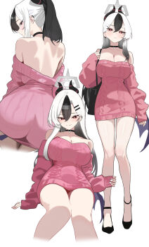 1girl alternate_breast_size_(larger) alternate_costume ass bag black_bag black_choker black_horns black_shoes blue_archive breasts bright_pupils choker closed_mouth commentary_request demon_horns dress ear_piercing grey_halo halo handbag highres holding holding_bag horns kayoko_(blue_archive) keyan_art large_breasts mole mole_on_neck multicolored_hair off_shoulder piercing pink_dress pink_sleeves shoes simple_background single_wing smile solo sweater sweater_dress thighs two-tone_hair white_background white_hair white_pupils wings