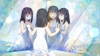 1girl :d ^_^ barefoot black_hair blue_eyes blurry blush bokeh closed_eyes collarbone commentary_request depth_of_field dress full_body kneeling long_hair open_mouth original reflection signature smile star_(symbol) translation_request white_dress yomo_(rb_crr)
