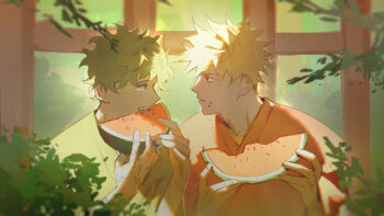 Rule 34 | 2boys, a dumbling, alternate costume, bakugou katsuki, blonde hair, boku no hero academia, closed mouth, commentary, eating, english commentary, eye contact, food, food on face, freckles, fruit, green eyes, green hair, green kimono, highres, holding, holding food, holding fruit, japanese clothes, kimono, leaf, long sleeves, looking at another, looking to the side, male focus, midoriya izuku, multiple boys, orange kimono, parted bangs, plant, red eyes, spiked hair, summer, teeth, upper body, watermelon, watermelon slice, yukata