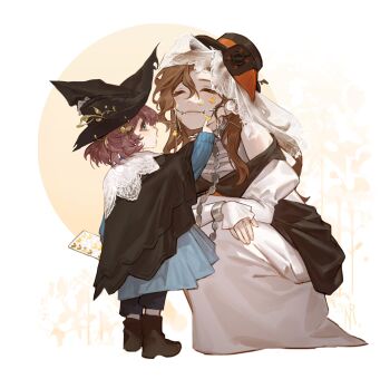 Rule 34 | 2girls, ^ ^, absurdres, black cape, black hat, blue dress, boots, braces, brown boots, brown hair, cape, circle, closed eyes, closed mouth, commentary request, cosplay, dress, finger to another's cheek, flutterpage, hat, highres, korean commentary, long dress, long hair, multiple girls, nell ro, official alternate costume, pants, pants under dress, reverse:1999, smile, squatting, standing, sticker, sticker on face, tooth fairy (reverse:1999), veil, white dress, white veil, willow (reverse:1999), willow (reverse:1999) (cosplay), witch hat