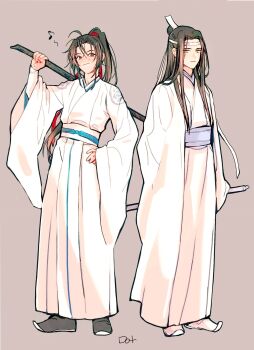 Rule 34 | 2boys, aged down, ahoge, alternate costume, artist name, black hair, brown eyes, chinese clothes, eighth note, full body, hair ribbon, hand on own hip, hanfu, headband, high ponytail, highres, holding, holding sword, holding weapon, korean commentary, lan wangji, long hair, long sleeves, looking at viewer, male focus, modao zushi, multiple boys, musical note, over shoulder, ponytail, red ribbon, ribbon, robe, sash, simple background, smile, standing, sword, to dot , topknot, weapon, weapon over shoulder, wei wuxian, white hanfu, white headband, wide sleeves, xiao guan (headdress), yellow eyes