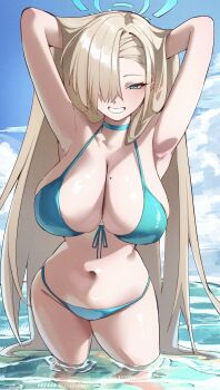 Rule 34 | 1girl, absurdres, alternate costume, aqua halo, armpits, arms up, asuna (blue archive), bikini, blonde hair, blue archive, breasts, choker, commentary, front-tie bikini top, front-tie top, green bikini, green choker, green eyes, hair over one eye, halo, hands in own hair, highres, katagiri nanoka, large breasts, long hair, looking at viewer, mole, mole on breast, navel, one eye covered, partially submerged, smile, solo, stomach, swimsuit, very long hair