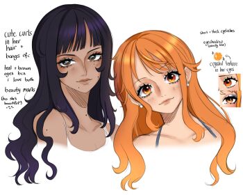 2girls aegyo_sal black_hair blunt_bangs blush brown_eyes commentary earrings english_commentary english_text eyeshadow ghostieleeghost highres jewelry long_hair looking_at_viewer makeup mole mole_under_eye mole_under_mouth multiple_girls nami_(one_piece) nico_robin one_piece orange_eyes orange_hair pearl_earrings sidelocks smile