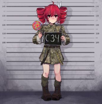 Rule 34 | 1girl, absurdres, ahoge, album cover redraw, archirai, boots, brown boots, camouflage, camouflage shirt, camouflage skirt, candy, commentary, derivative work, drill hair, food, full body, green shirt, green skirt, green socks, hair ribbon, height mark, highres, holding, holding candy, holding food, holding lollipop, holding sign, kasane teto, kasane teto (sv), kontrakt (szch), lollipop, long sleeves, medium hair, miniskirt, pleated skirt, red eyes, red hair, ribbon, russo-ukrainian war, shirt, sign, skirt, socks, solo, standing, synthesizer v, translation request, twin drills, ukrainian commentary, ukrainian text, white ribbon, wide sleeves