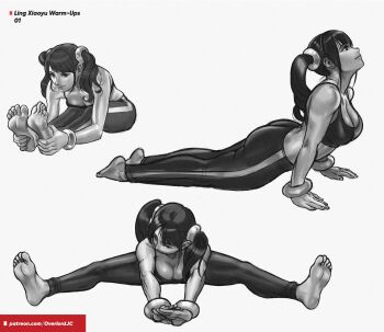 1girl barefoot bracelet breasts character_name crop_top exercising feet full_body greyscale highres jewelry large_breasts ling_xiaoyu long_hair monochrome multiple_views overlord_jc pants split sports_bra stretching tekken twintails upward_dog yoga_pants